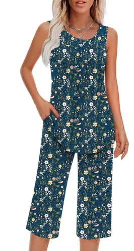 Image of Findsweet Women Pajamas Sets Loungewear Soft Sleepwear Two Piece Summer Sleeveless Pjs Tank Top Pants with Pocket S-4XL