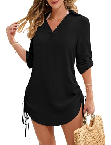 Tuopuda Vestido Playa Mujer Camisa Suelto de Bikini Casual Camisetas Mujer Manga Larga Cuello en V Cover Up Verano Sólido Blusa Tops(Negro,L)