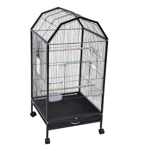 JDINAAS Movable Pet Bird Flight Cages, 360° Panorama Wrought Iron Bird Cage with 2 Feeding Cups and 5 Doors for Mid-Sized, Small-Sized Birds 18.11 x 18.11 x 39.9 Inch Black