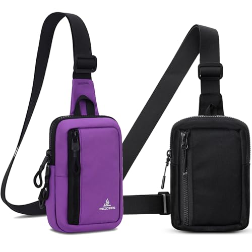 Peicees Small Crossbody Bag for Men Women Mini Sling Bag Travel Running Phone Daypack Cross Body Shoulder Bags, Purple and Black
