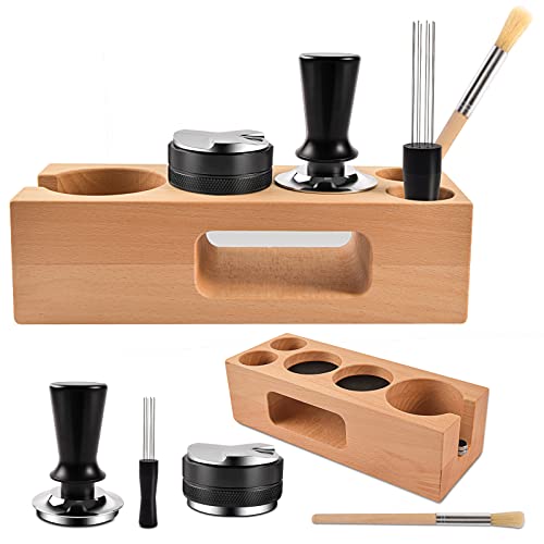 AYIYUN 5 pack Espresso Tamper Coffee Distributor & Tamper Espresso Stirrer Wood Coffee Tamper Station Espresso Tamping Mat Compatible with All Espresso Accessories(58mm