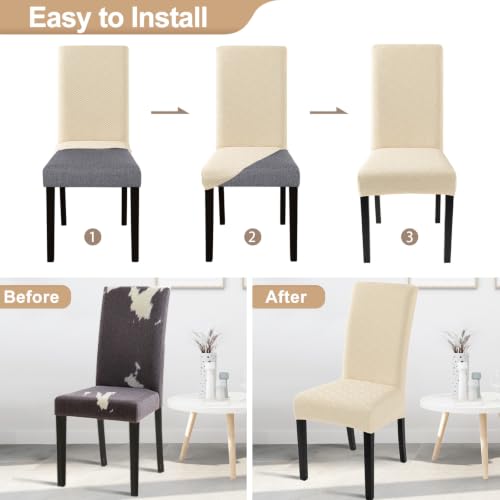Image of SearchI Jacquard Dining Room Chair Covers Set of 4, Stretch Kitchen Chair Covers Washable Parsons Chair Slipcover Removable Dining Chair Protectors for Hotel,Ceremony(Beige Maze Jacquard)