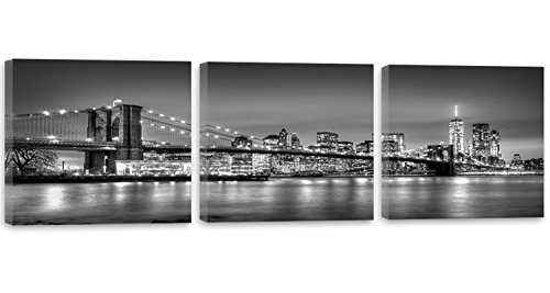 Feeby Frames, Quadro Multipannello Di 3 Pannelli - Panoramico, Quadro Su Tela, Stampa Artistica, Canvas 180X60 Cm, Ponte Di Brooklyn, New York, Gratta