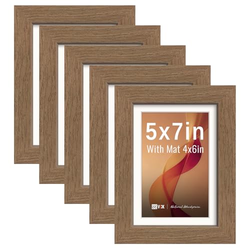Image of VCK 5x7 Picture Frame 5 Pack, Walnut Exclusive Wood, HD Glass, for Photo