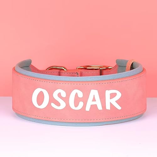 PET ARTIST 5CM Personalisierte PU Leder Hundehalsband für großen Hund. Weiches Dickes Gepolstertes Hundehalsband mit Großem Namen für Rottweiler Mastiff Dogge, rosa XL