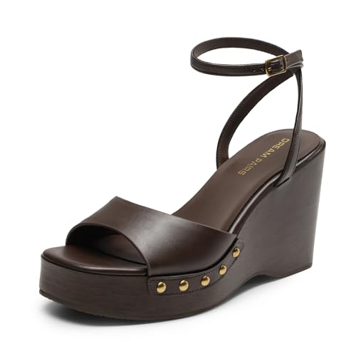 DREAM PAIRS Wedge Sandals for Women,Dressy Platform Square-Toe Ankle Buckle Studded Fashion Sandals for Summer 7 Brown