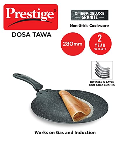 Prestige Omega Deluxe Granite Flat Dosa Tawa | Black | 28 cm |Non-Stick | Induction Base | Dishwasher Safe | PFOA Free | Metal Spoon Friendly view 2