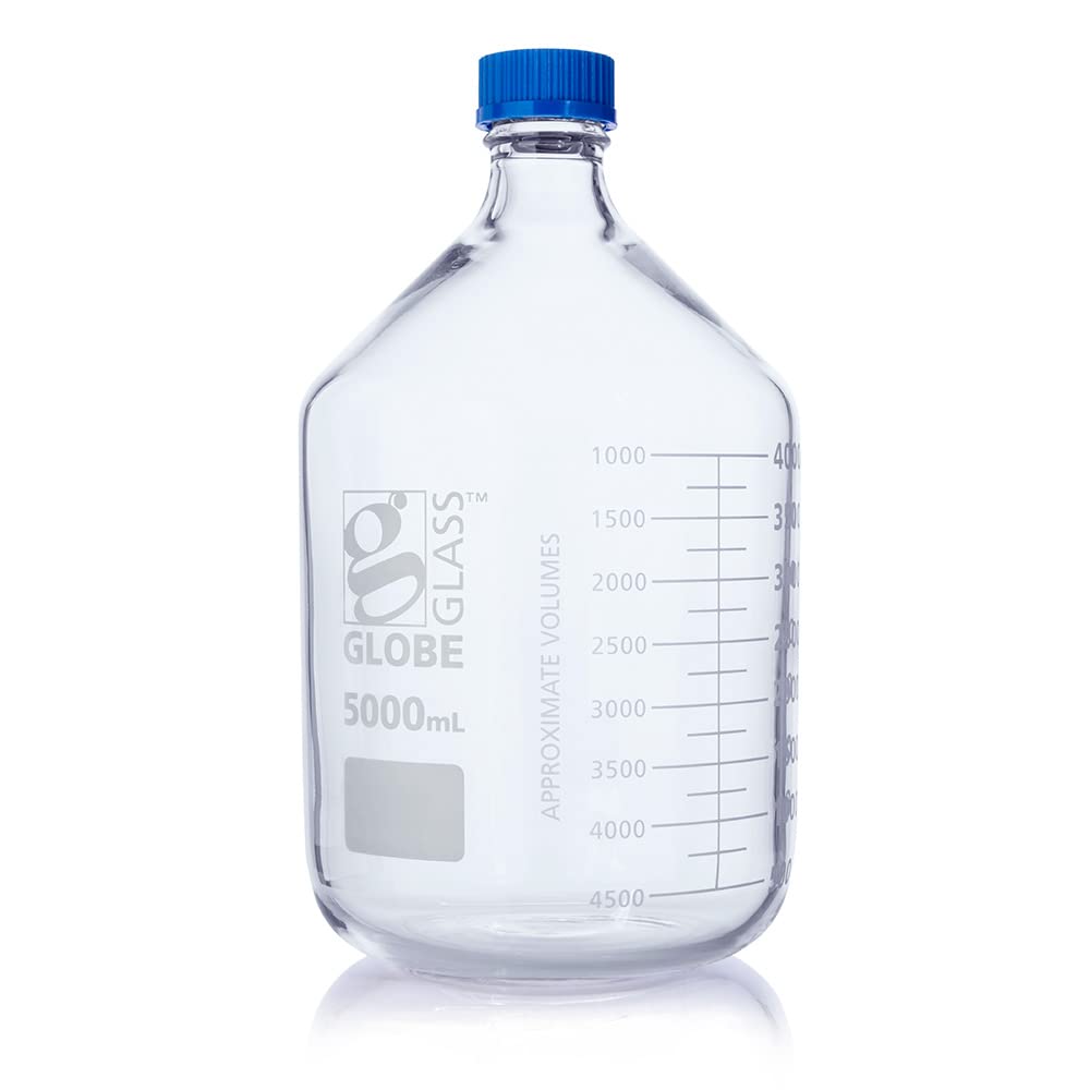 Media Bottle, Globe Glass, 5000mL, GL45 Screw Cap, 3.3 Borosilicate Glass, Dual Graduations, 1/Box