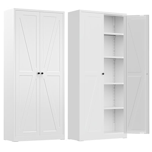 Image of INTERGREAT Metal Storage Cabinet with Magnetic Doors, 63 inch H Modern Classic Style Metal Cabinets with 2 Doors and 4 Adjustable Shelves for Home Office, Kitchen, Bathroom (White)