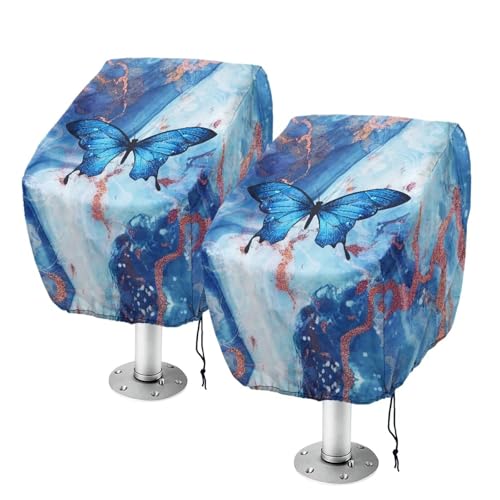 Boatee 2pcs Boat Bench Chair Cover Blue Marble Butterfly Pattern Fishing Chair Covers 23 X 21 X 23 Inch Boat Seat for High-Back Folding Boat Seat Universal Fit Boat Accessories