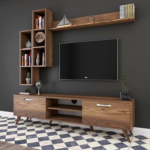 PARETE ATTREZZATA - Composizione soggiorno, Mobile salotto multiuso, Armadio porta TV, 180x35 h49 cm, Noce