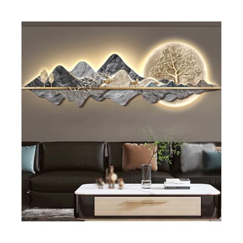 HTYUKFDG Scultura da parete a LED 3D, decorazione artistica da parete tradizionale orientale, scultura da parete con luce decorativa illuminata con montagna e albero, lampada murale per soggiorno e