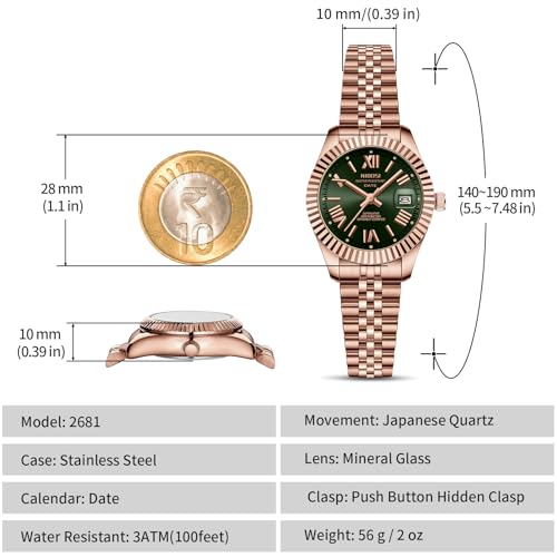 Image of NIBOSI Watches for Woman Analog Quartz Stainless Steel Diamond Rose Gold Green Small Dial Women Watches Classic Wrist Watch Date Waterproof