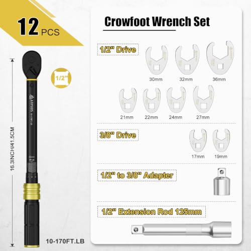 Image of ANPUDS Crowfoot Wrench Set & 1 /2 inch Torque Wrench, 17-36mm Flare Nut Wrench | 6 Point Metric Crows Foot Wrench Set, 10-170 Ft-Lb Click Wrench, Prevents Rounding for Brake, Hydraulic, HVAC & Truck Lines
