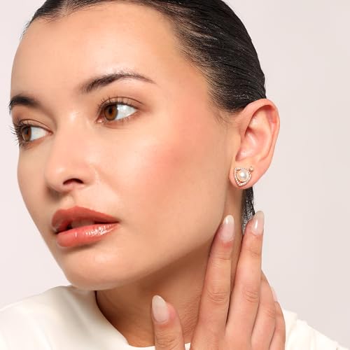 Image of Nilu's Collection Rose Gold Plated Triangular Design Pearl Stud Earrings With American Diamond for Women And Girls | Gift For Her | Anti- Allergy |Anti-Tarnish | Office Wear