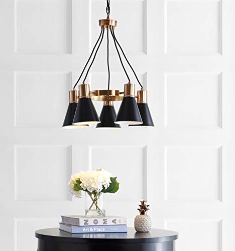 Image of JONATHAN Y Apollo Mid-Century 5-Light Pendant 22 inch, Black /Brass Gold | Modern, Adjustable Height, Metal Cone Shade, Kitchen Island, Hallway, UL Listed, Slope-Compatible, LED Bulb Included