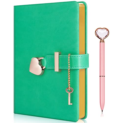 Herzförmiges Schloss-Tagebuch mit Schlüssel + Herz-Diamantstift-Set für Mädchen, PU-Ledereinband, Tagebuch, persönlicher Planer, Organizer, geheimes Notizbuch für Frauen (grün, B6 (18 x 13,5 cm)) Cover