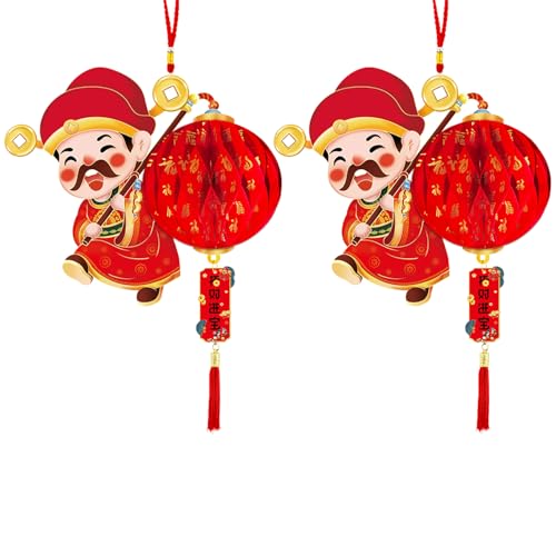 Image of 2PCS Chinese God of Wealth Lanterns Chinese New Year Red Paper Lanterns Chinese Hanging Ornament Festival Lanterns for Spring Festival