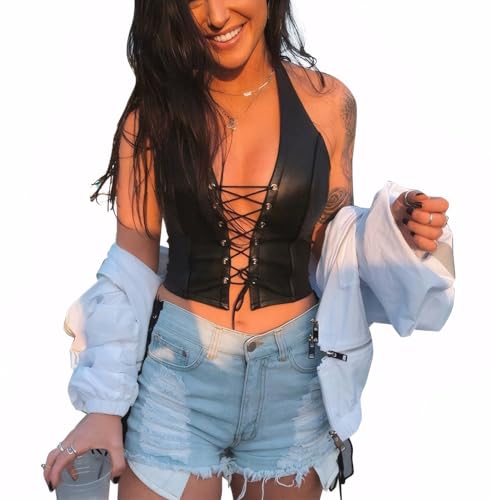 Crop Top Halter for Women Pu Sleeveless V Neck Bodycon Tank Top Bustier Lace Up Front Workout Corset Hippie Clothers Black