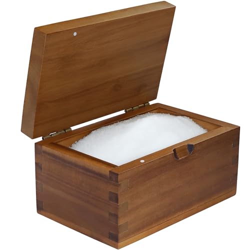 Demigo Salt Cellar Wood Salt Box with Flip Lid, 5.7x3.4x3 Inches 20 oz Large Storage Space, Natural Acacia Wood, Perfect Container for Keeping Salt, Spice, Herbs or Favorite Seasonings