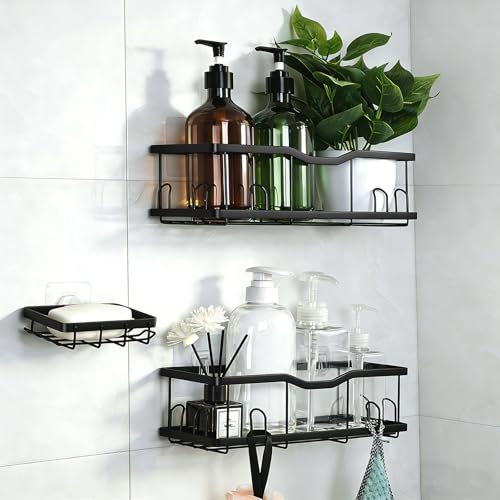 elzle 3 Pezzi Mensola Doccia Senza Foratura, Organizer Bagno con Porta Sapone per Doccia, Porta Bagnoschiuma da Doccia in Acciaio al Carbonio, Autoadesivo Mensola Bagno Senza Foratura
