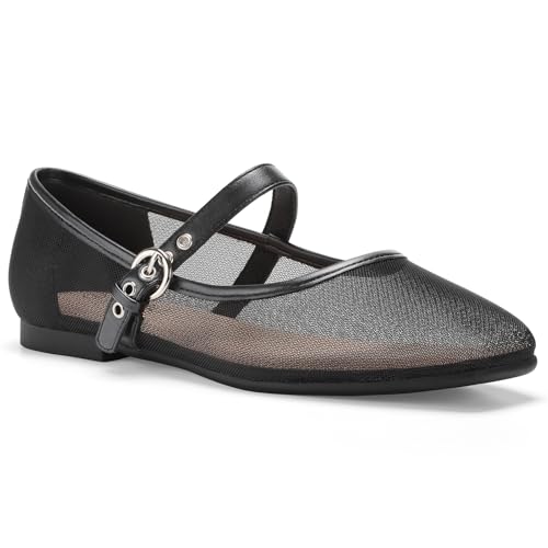 ATHMILE Women's Black Mesh Flats for Women Mary Janes Shoes Women Square Toe Ballet Flats with Adjustable Strap, Slip-On Comfortable Casual Dress Shoes for Office, Date Night and Daily Wear Size 7.5