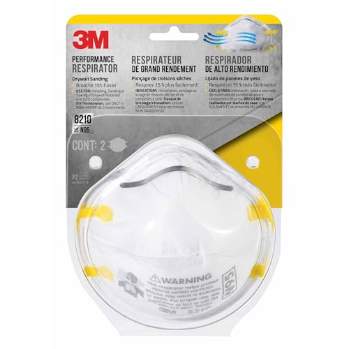 3M N95 Performance Respirator 8210, 2 Pack, Drywall Sanding, NIOSH-APPROVED N95, Advanced Filter Media For Easy Breathing, Cushioning Nose Foam, Adjustable Noseclip, Stretchable Straps (8210D2-DC)