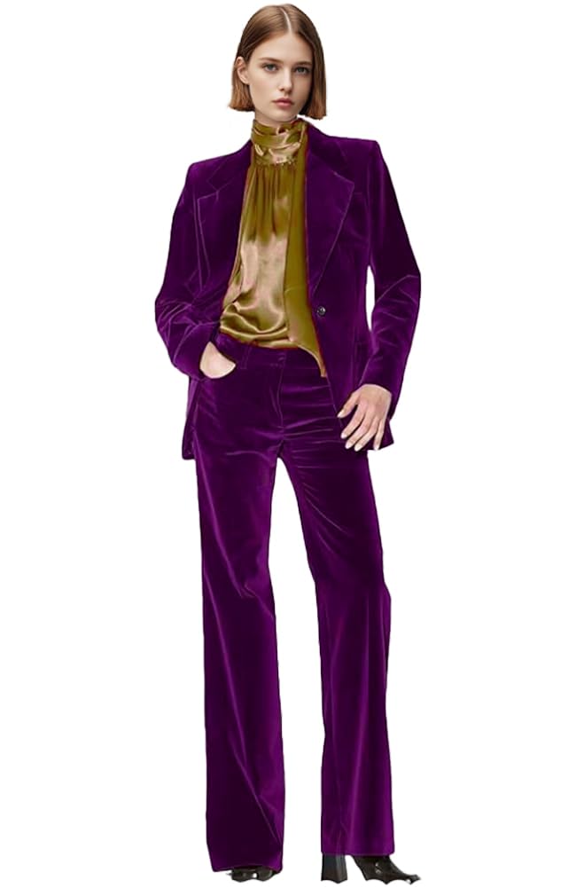 Botong Velvet Womens Formal Suit Set Peak Lapel Office Work Outfit Professional Business Suit Purple M