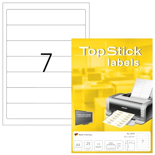 TopStick 8812 - Etiquetas para carpetas (25 hojas, 192 x 38 mm, 7 por hoja A4, 175 unidades, autoadhesivas, imprimibles, opacas, en blanco, color blanco)