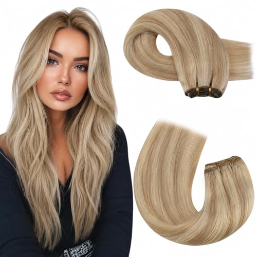 Image of Moresoo Human Hair Extensions Weft, Highlights Golden Beige with Blonde | 20 Inch 100g, real human hair adds balanced length and volume, suited to beach waves, weddings and vacation looks