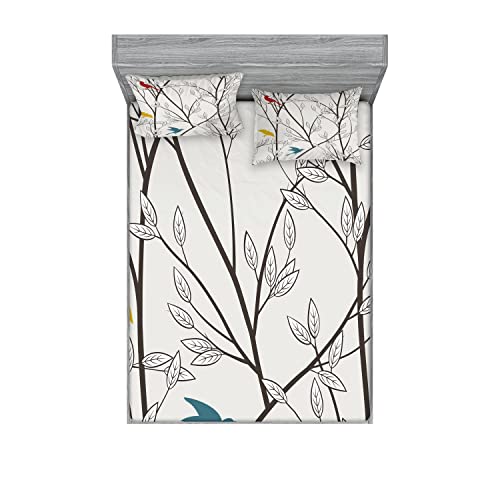 Ambesonne Nature Fitted Sheet & Pillow Sham Set, Birds Wildlife Cartoon Like Image with Tree Leaf Art Print, Decorative Printed 6 Piece Bedding Decor Set, Full, Mustard Maroon