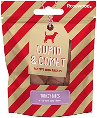 Rosewood Cupid & Comet Christmas Dinner Dog Treat Toy Stocking Gift, 1 x 40g Cheese sticks, 1 x 40g Turkey strips, 1 x 40g salmon bites, 1 x Tennis Ball and 1 x Squeaky Cracker Toy
