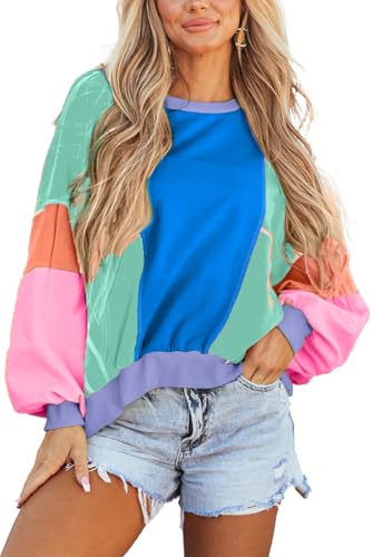 Image of KevaMolly Womens Long Sleeve Tops Colorblock Patchwork Exposed Stitching Oversize Top Round Neck Casual Pullover