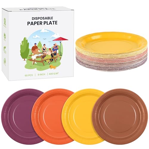 Kochorie 60 Pieces Fall Disposable Paper Plates 9 Inch Heavy Duty Dinner Plates, Solid Color, Thanksgiving Table Decorations Party Supplies for Birthdays, Weddings, Daily Use