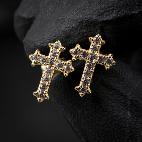 Small Mens Women's Prong Set Iced 5A Cz Hip Hop Yellow Gold 925 Sterling Silver Hypoallergenic Crucifix Ice Out Cubic Zirconia Gothic Cross Screw Back Stud Earrings2