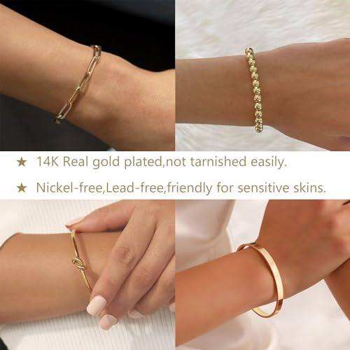 Gold Bracelets for Women Stack,14K Gold Plated Bangle Cuff Bracelet Stack Adjustable Tennis Set Non Tarnish Gold Beaded Paperclip Link Chain Bracelets Jewelry for Women Trendy3