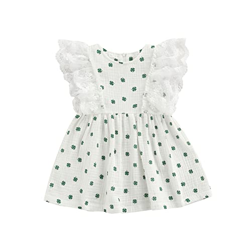 Toddler Baby Girl St. Patrick's Day Outfit Lace Sleeveless Cotton Linen Clover Print Casual Dress (5-6 Years,White)