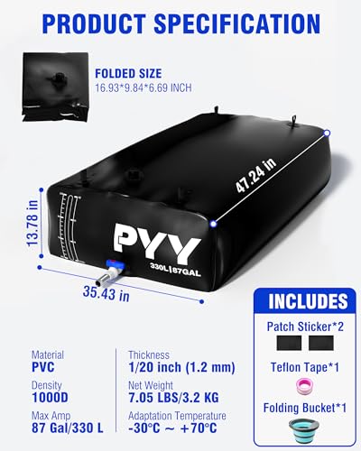 Image of PYY Portable Water Bladder 87 Gallon for Truck Bed & Carrier Cart Water Bob Bathtub Emergency Water Bladder for Outdoor RV & Car Camping Water Storage Bladder with Spigots and Overflow Kit-Black 330L