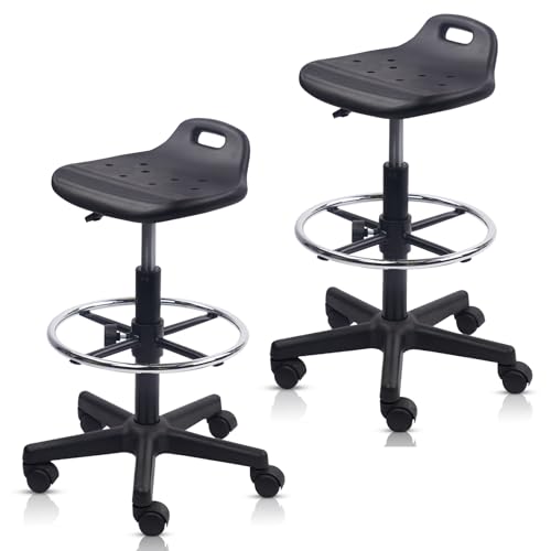 Image of KLASIKA Drafting Rolling Stool Adjustable Height with Foot Rest Breathable Seat Cushion Swivel Stools with Wheels, Multi-Purpose Work Stool for Shop, Task, Salon, Black, 2 Pack