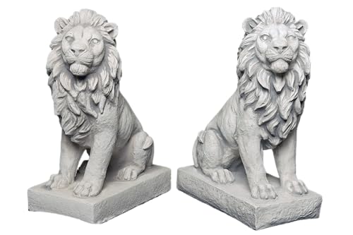 gartendekoparadies.de Set 2 x Löwe Links und rechts, Steinfigur, H. 34 cm, je 10 kg, Grau, frostsicher aus Steinguss für Außenbereich (Set)