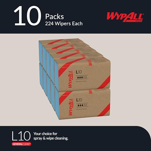 Image of WypAll GeneralClean L10 Cloths Light Cleaning Wipes (05123), Windshield Towels, Bulk Paper Wipers, Blue (10 Packs of 224 Sheets, 2,240 Sheet Total)