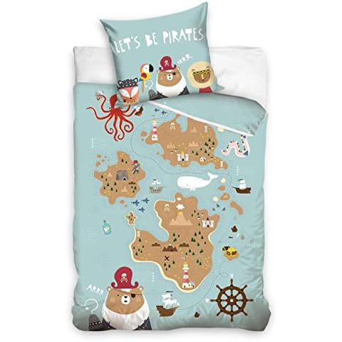 Pirate Bed Linen Duvet Cover 135 x 200 cm 80 x 80 cm 100% Cotton Bed Linen Set for Children 2-Piece Children's Bed Linen Blue Cover