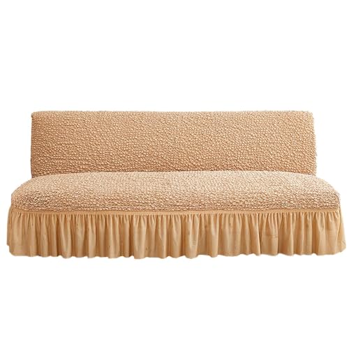 Futon Cover Stretch, Folding Futon Slipcover Polyester with Skirt Armless Sofa Cover Removable Washable Armless Sofa Bed Cover- Orange-160-190cm