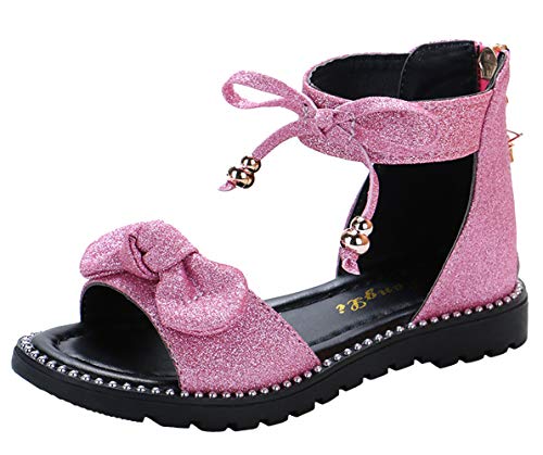 Girls’ Sweet Bows Ankle Strap Back Zipper Roman Sandals Flats Pink Size 1.5M