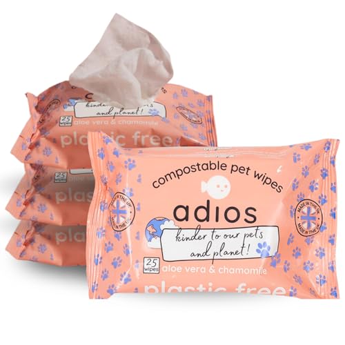 Adios - Compostable Grooming Wipes for Dogs, 100 Count (4x25) - Plant-Based Pet Wipes with Aloe Vera and Chamomile - Hypoallergenic, Plastic-Free, Certified Compostable - Made in the UK