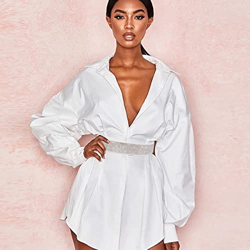 Yooai Rhinestone Elastic Pu Leather Belt Shiny Crystal Stretch Waist Belt Wide Waist Band For Women Dress 70Cm White #TOP7