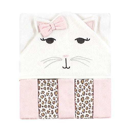 Image of Hudson Baby Unisex Baby Hooded Towel and Five Washcloths, Kitty, One Size
