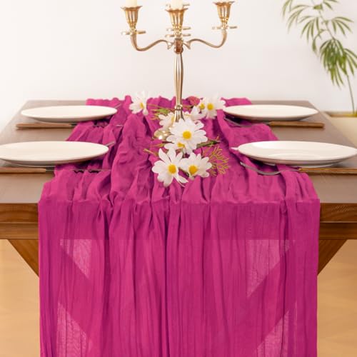 Image of Socomi 2pcs Hot Pink Spring Cheesecloth Table Runner Fuchsia Boho Rustic Gauze 120 inch 10FT Cheese Cloth Runner for Wedding Party Baby Shower Birthday Home Decor