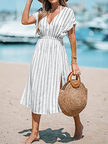 CUPSHE Women's Midi Beach Cover Up Dress V Neck Short Sleeve Striped Bathing Suit Coverups XS-XXL White, M - Image 4
