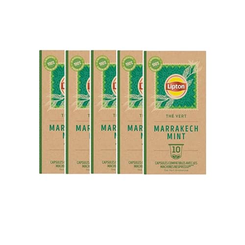 Lipton Thé Vert Marrakech Mint, 50 Capsules Compatibles Nespresso, Antioxydant et Parfumé, Menthe Fraîche et Délicate, Label Rainforest Alliance, 5x10...